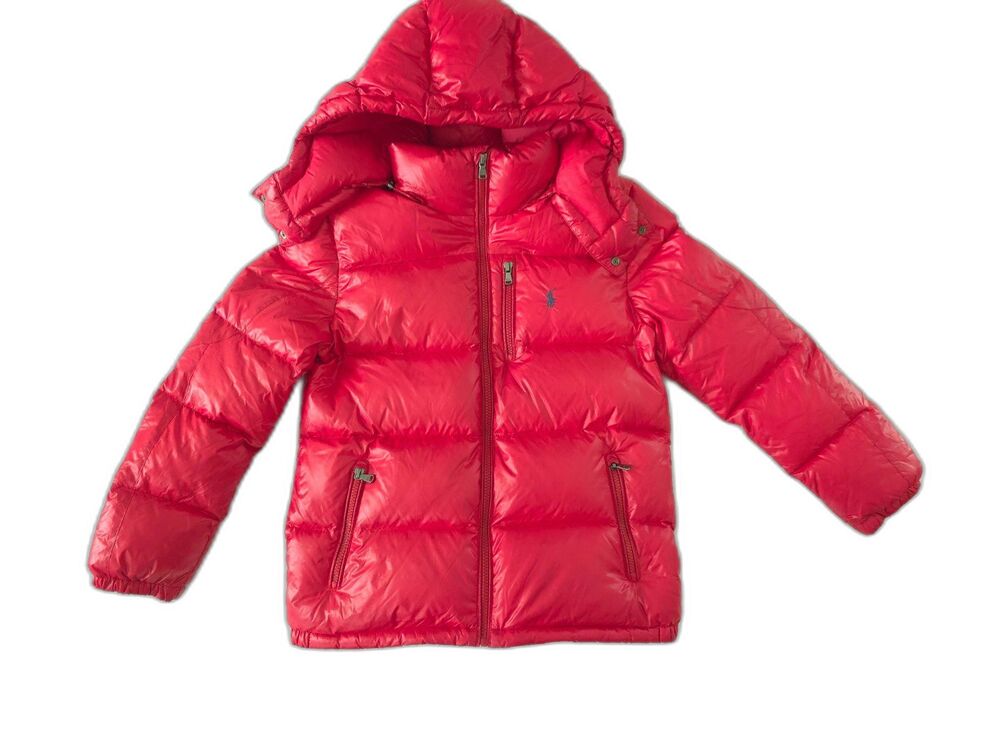 Polo Ralph Lauren Red Hooded Down Puffer Jacket Full Zip Logo Sz L (14-16)